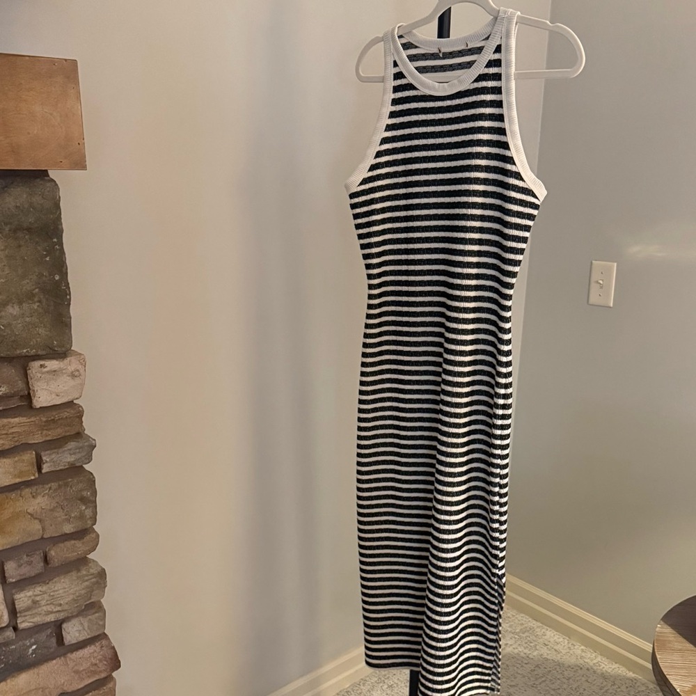 Loveapella Striped Ribbed Midi Dress Black Cream Side Slit Tank Dress S